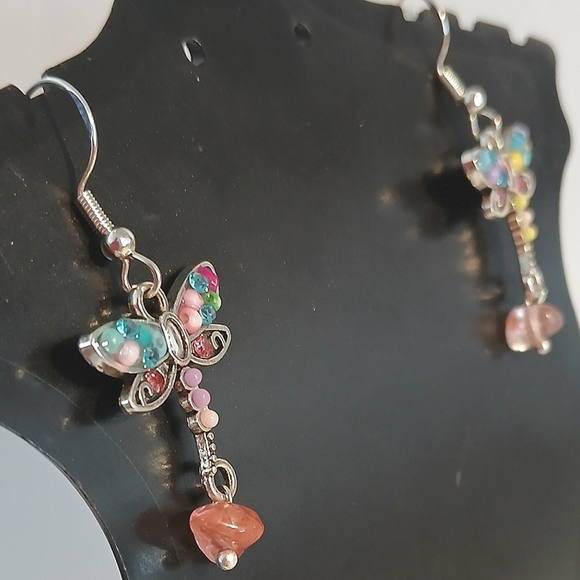 Pink and Blue Dragonfly Dangle Earrings - Picture 3 of 4